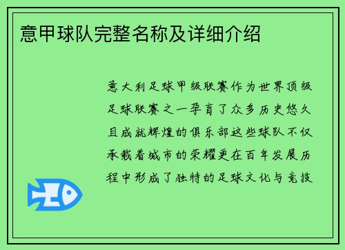 意甲球队完整名称及详细介绍